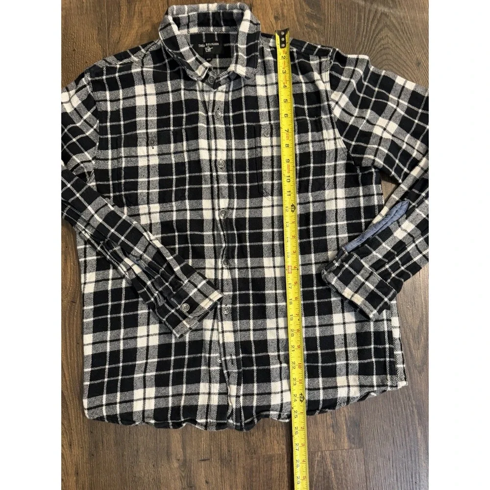 True Religion Shirt Mens Medium Black White Button Plaid Flannel Casual